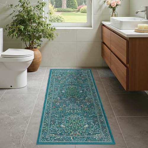 Teal Boho 2x5 Rug Runners for Hallways Non Slip, Whimsical Tree of Life Floral - Image 4