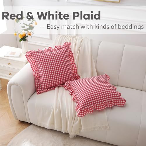 2 Pack Red White Gingham Ruffle Throw Pillow Covers 18''x18'' - Image 2