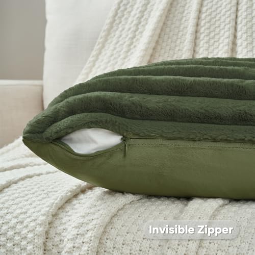 FUTEI Pack of 2 Faux Fur Throw Pillow Covers 24x24 Inch, Olive Green - Image 3