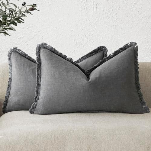 Foindtower Decorative Linen Fringe Lumbar Throw Pillow Covers 12×20 Gray by Foindtower