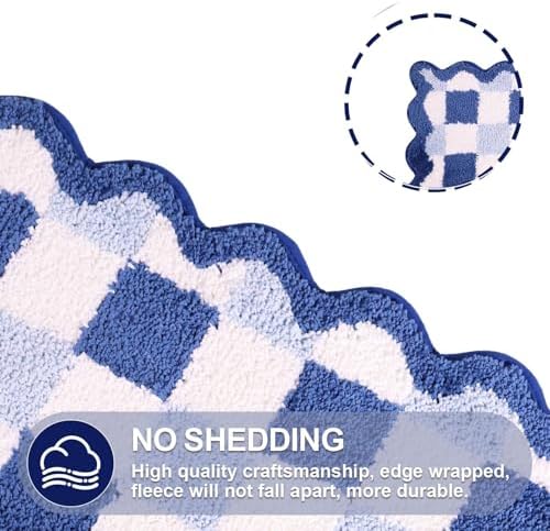 ORTIGIA Cute Blue Checkered Scalloped Bath Mat, Fun Plush Microfiber Bathroom - Image 5