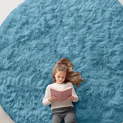 OLANLY Slate Blue Round Rugs for Bedroom by OLANLY