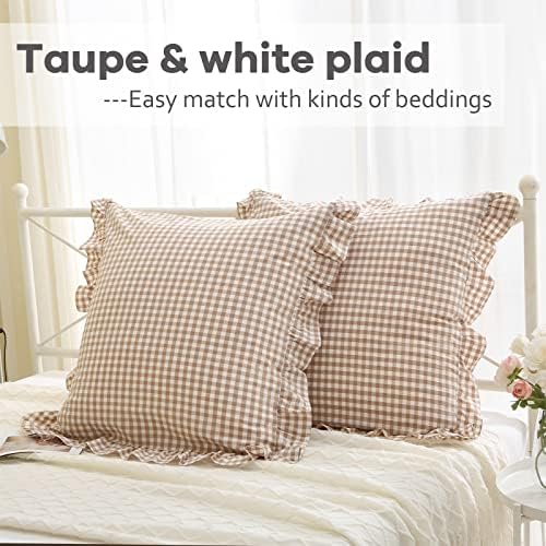 2 Pack Taupe White Gingham Ruffle Throw Pillow Covers 22''x22'' - Image 2
