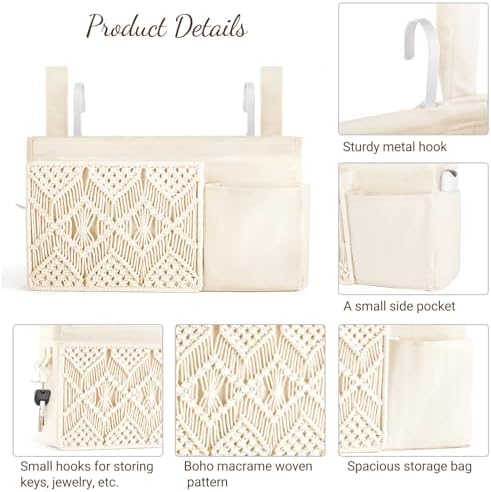 Mkono Bedside Caddy, Macrame Hanging Organizer, 4 Pockets Ivory Metal Hooks - Image 6