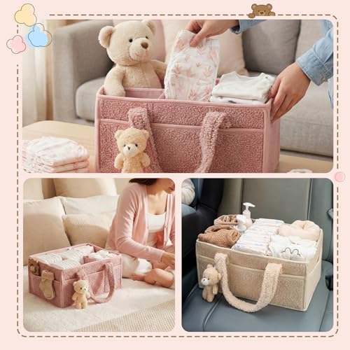 Shinylin 2 Pack Plush Diaper Caddy Organizer, Powder Pink and Ivory - Image 6