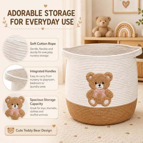 Teddy Bear Nursery Basket, Cotton Rope Baby Laundry Hamper - Image 4