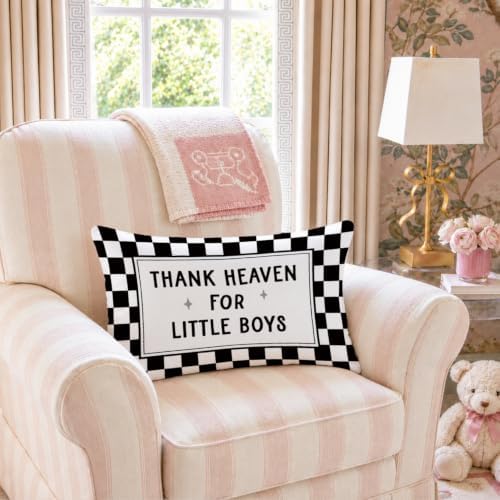 Thank Heaven for Little Boys 12x20 Pillow Cover Black and White Checkered Boys - Image 4