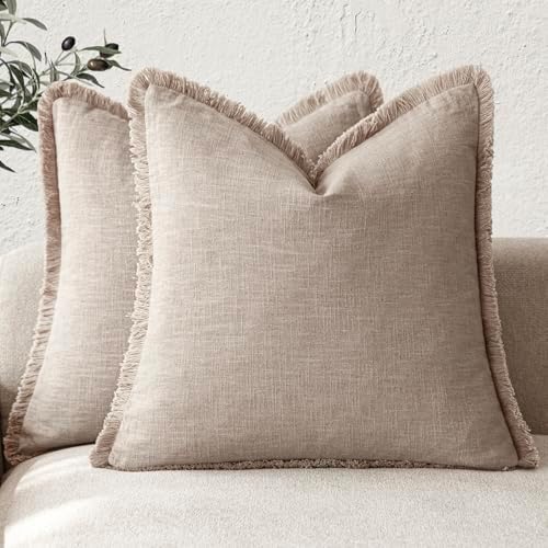Foindtower Decorative Linen Fringe Throw Pillow Covers 16×16 Natural Linen by Foindtower