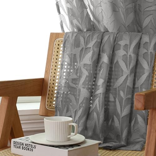Lecloud Leia Charcoal Grey Sheer Curtains 63 Inch Length 2 Panels, Rustic Light - Image 2
