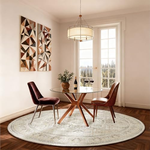 4ft Washable Round Rugs for Bedroom: Circle Living Room Rug Boho Vintage Non - Image 4