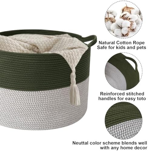 90L Extra Large Blanket Basket, Woven Laundry Basket-Green&White - Image 3