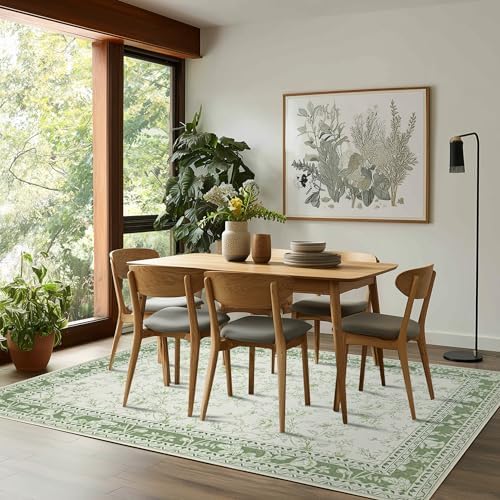 Sage Green Area Rug 6x9 Floral Print Washable Throw Rugs - Image 5