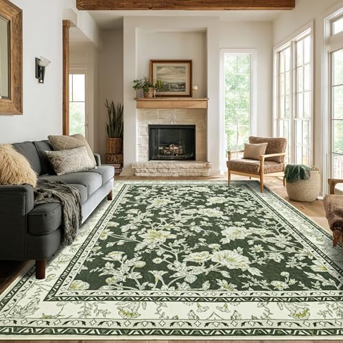 Olive Green Rug 6x9 for Dining Room Sketch Patterned Washable Area Rugs by BILEEHOME