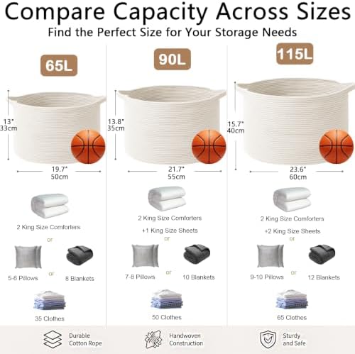90L Large Blanket Basket, Rope WovenLaundry Basket-White - Image 2