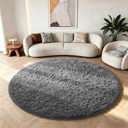 Ophanie Round Rug 6Ft Grey Circle Area Rugs, Fluffy Fuzzy Large Bedroom Carpet - Image 5