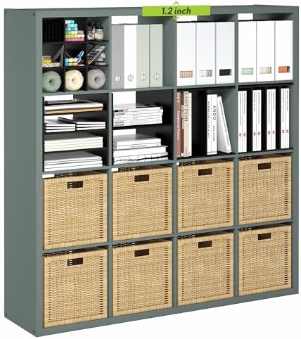 Furinno Cubicle 16-Cube Book Shelf, Extra Thick Frame Bookshelf, Sage Green by Furinno-FitsYourSpaceFitsYourBudget