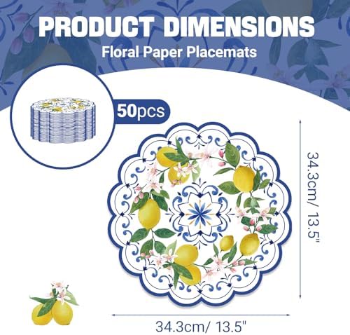 50PCS Lemon Paper Placemats Disposable Blue Chinoiserie Floral Placemat - Image 2