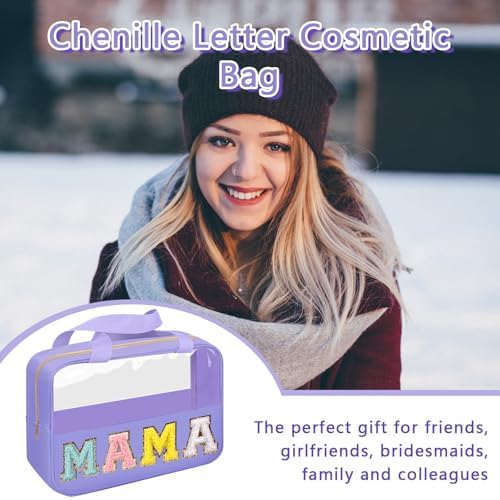Chenille Letter Patch Mama Bag, Preppy Clear Makeup Cosmetic Bag Large Toiletry - Image 5