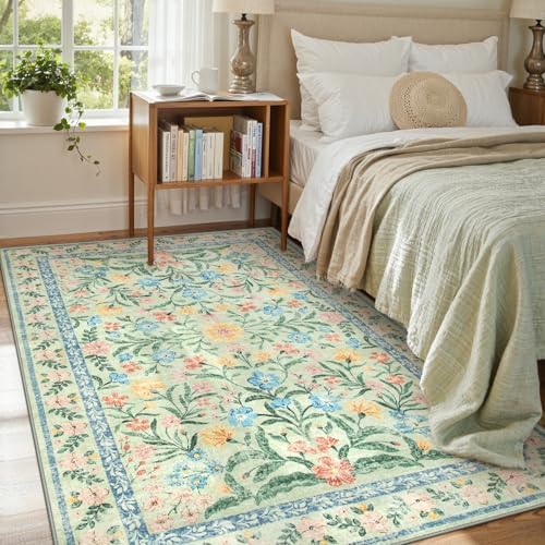Lahome Sage Green Rug for Bedroom, 6x9 Boho Botanical Living Room Rug by Lahome