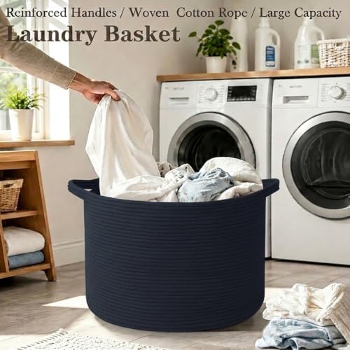 65L Large Blanket Basket, Woven Rope Laundry Basket-Dark Blue - Image 5