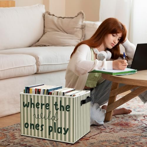Green Stripe Boho Classroom Storage Bins Box - Image 3