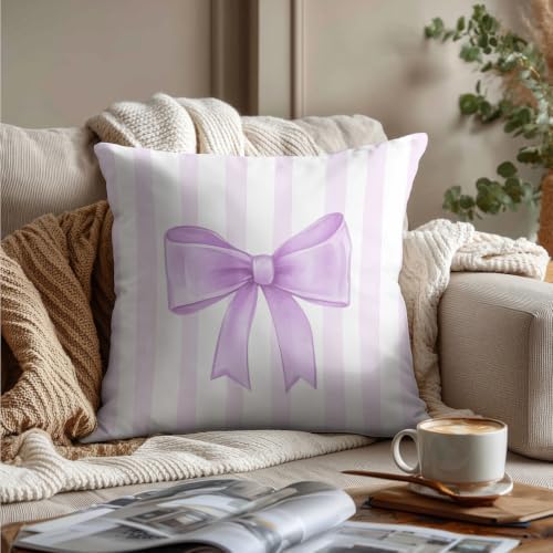 Lavender Bow Decorative Throw Pillow 18x18 Inch – Cute Blush Pink Striped - Image 3