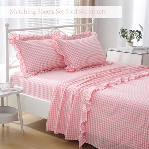 2 Pack Coral Pink Gingham Euro Shams Pillow Covers 26''x26'' - Image 7