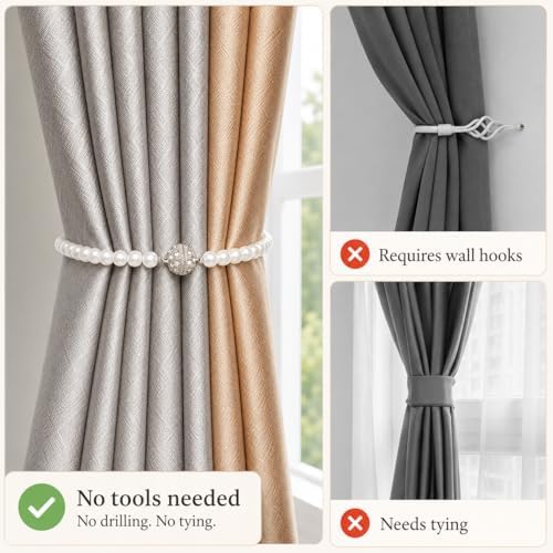 Pearl Bow Magnetic Curtain Tiebacks 2 Pack, No Drill Curtain Holdbacks - Image 5