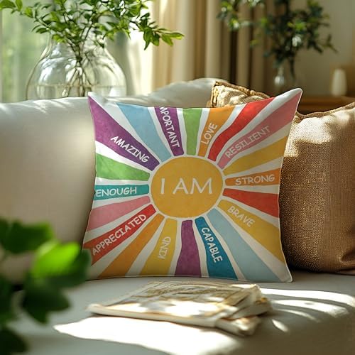 I Am Rainbow Affirmations Boho Pillow Cover 18x18, Inspirational Motivational - Image 3