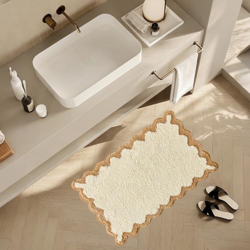 ORTIGIA Cute Beige Scalloped Bath Mat, Quick Dry Bath Rug Absorbent Soft Plush - Image 7