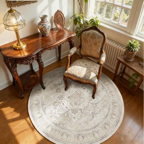 4ft Washable Round Rugs for Bedroom: Circle Living Room Rug Boho Vintage Non by palohom