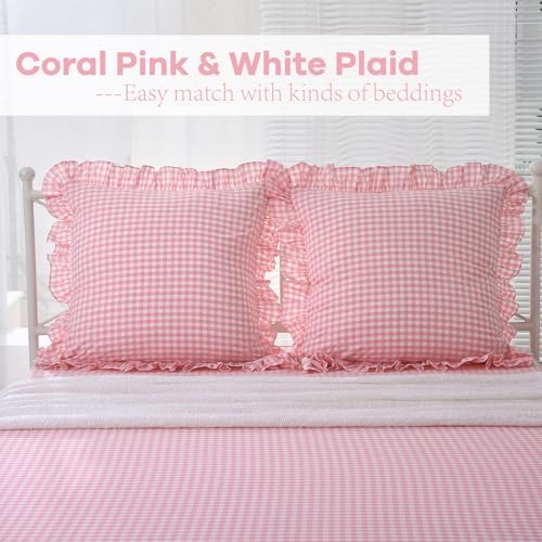 2 Pack Coral Pink Gingham Euro Shams Pillow Covers 26''x26'' - Image 2