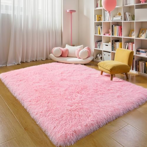 5x7 Thick Pink Shag Rug for Girls Bedroom, Soft Plush Fluffy Carpet by KICHOWUA