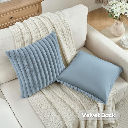 FUTEI Pack of 2 Faux Fur Throw Pillow Covers 22x22 Inch, Dusty Blue - Image 4