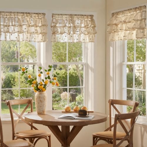 jinchan Ruffled Kitchen Valance Pom-Pom Sheer 1 Panel 18 Inch Beige - Image 4