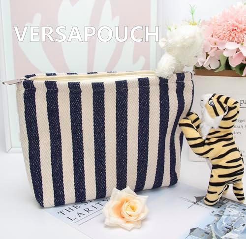 Flat Makeup Bag for Women, Zipper Cosmetic Pouch for Purse, Stripe Navy Blue - Image 5