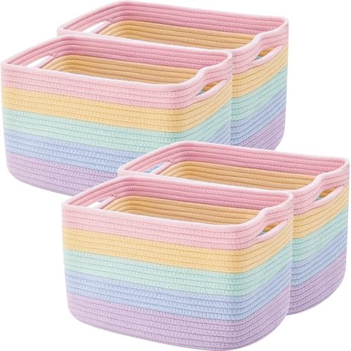 Rainbow Rope Basket for Shelves Storage Bins for Toys 4 Pack by ENAORGAN