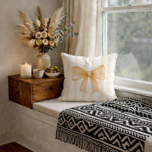 Yellow Bow Decorative Throw Pillow 18x18 Inch – Cute Blush Pink Striped Pillow - Image 6