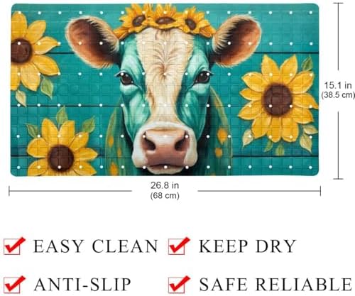 Shower Mat Non Slip, Cow Sunflower on Teal Plank Anti Slip Bath Mat - Image 4