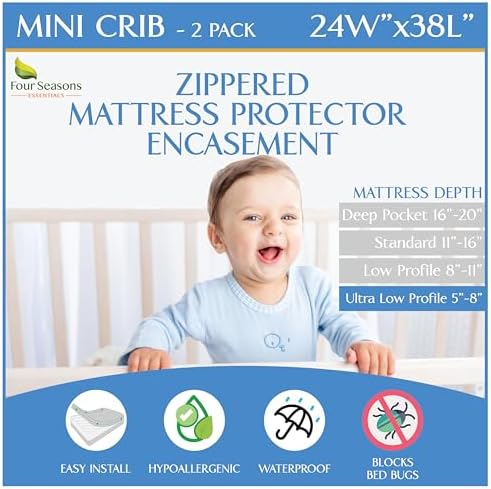 2 Pack Mini Crib Mattress Protector Waterproof Zippered Encasement Cover by FourSeasonsEssentials