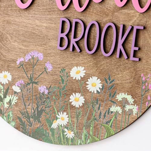 Personalized Wooden Name Sign, Custom Wildflower Nursery Sign, Round Name Sign - Image 2