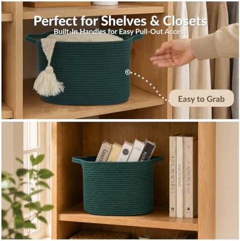 XUANGUO Woven Cotton Rope Storage Basket13x10x9 inch Forest Green - Image 3