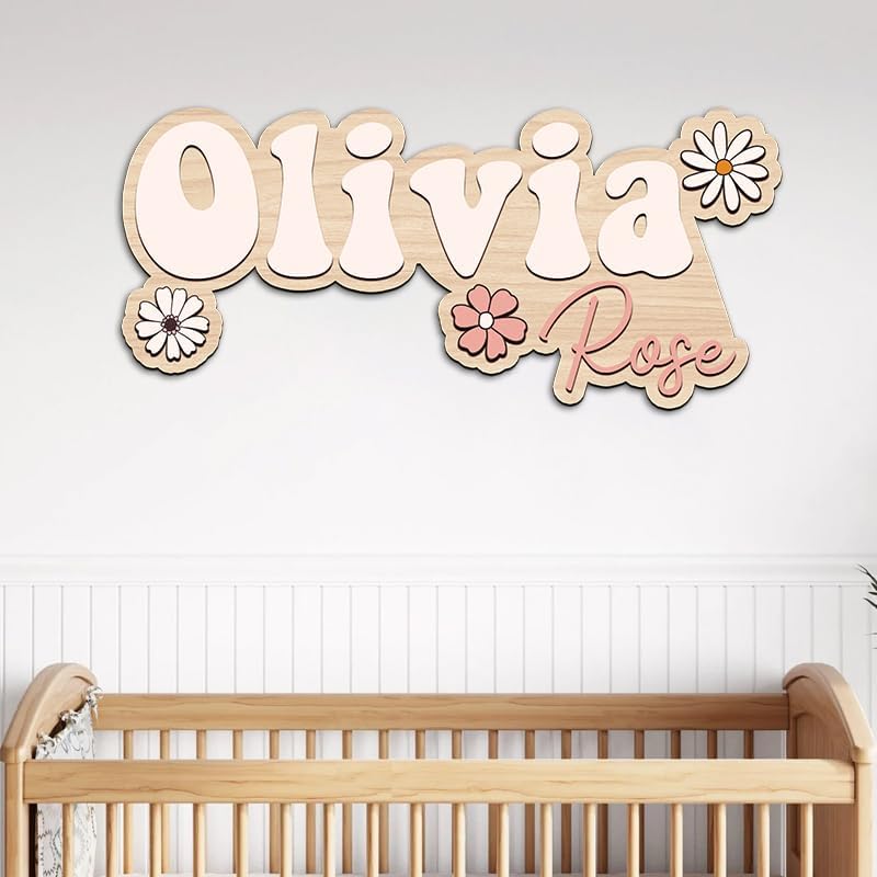 Personalized Name Sign For Nursery, Custom wooden name sign, Boho floral name - Image 2