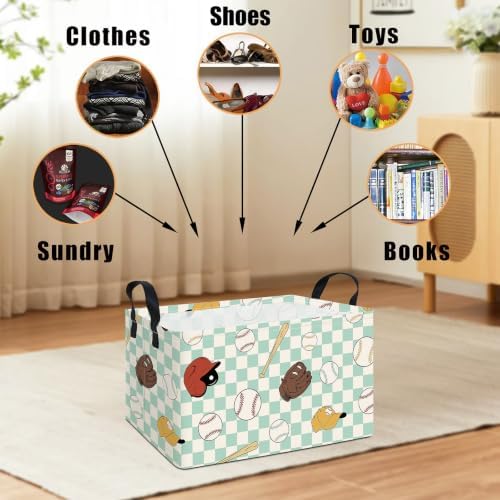 Rectangular Collapsible Storage Basket Toy Organizer Green Grid Baseball - Image 4