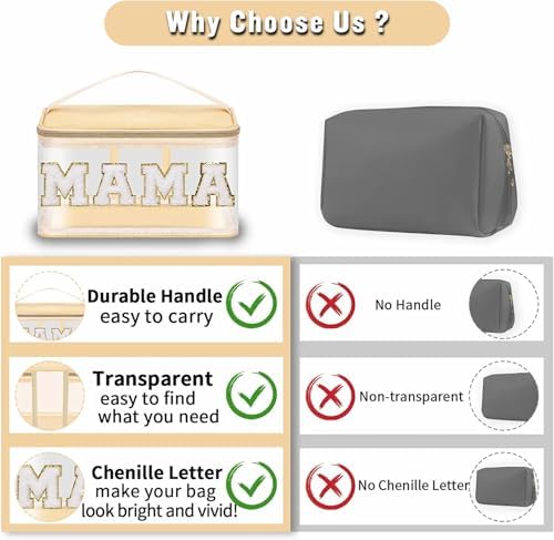 Chenille Letter Clear Makeup Bags Mama Pouch, Preppy Patch Makeup Bag Zipper - Image 4