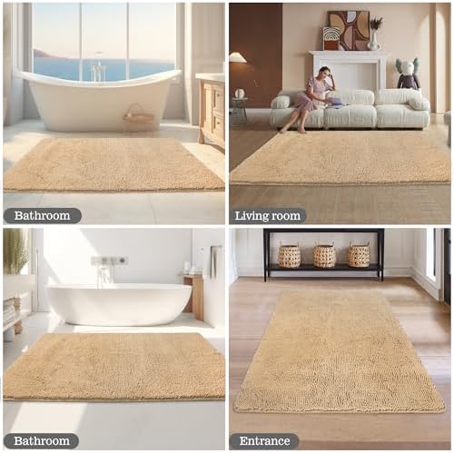 Yeaban Chenille Ivory Cream Bathroom Rug 36"x60", Non-Slip Rubber Backing - Image 5