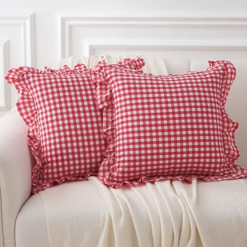 2 Pack Red White Gingham Ruffle Throw Pillow Covers 18''x18'' by KMASANIJI
