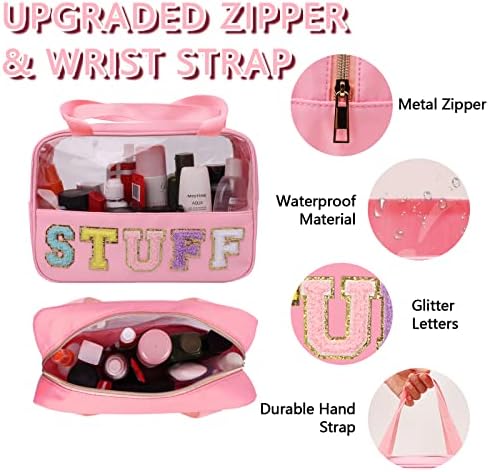 Iqimott Chenille Letter Patch Stuff Bag, Preppy Clear Makeup Cosmetic Bag Large - Image 3