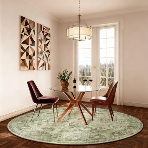 4ft Washable Round Rugs for Bedroom: Circle Living Room Rug Boho Vintage Non - Image 4