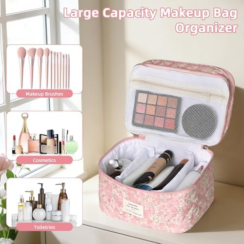Gosect Makeup Bag, Portable Travel Make up Bag, Large Capacity Quilted Cosmetic - Image 3